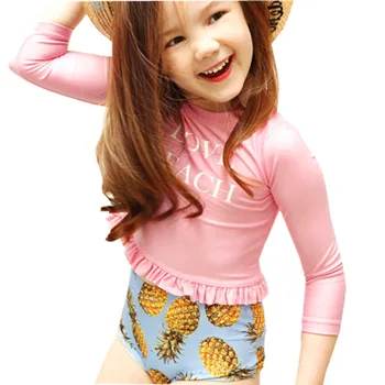 ילדה שני חלקים חליפות בגדי ים Chlidren בגד ים 3-14 שנה ילד גבוה המותניים אננס הדפסה בגד ים בגד ים